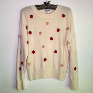 Filoro Cashmere Sweater‎ L Cream Embroidered Fruit Pullover Jumper Strawberry